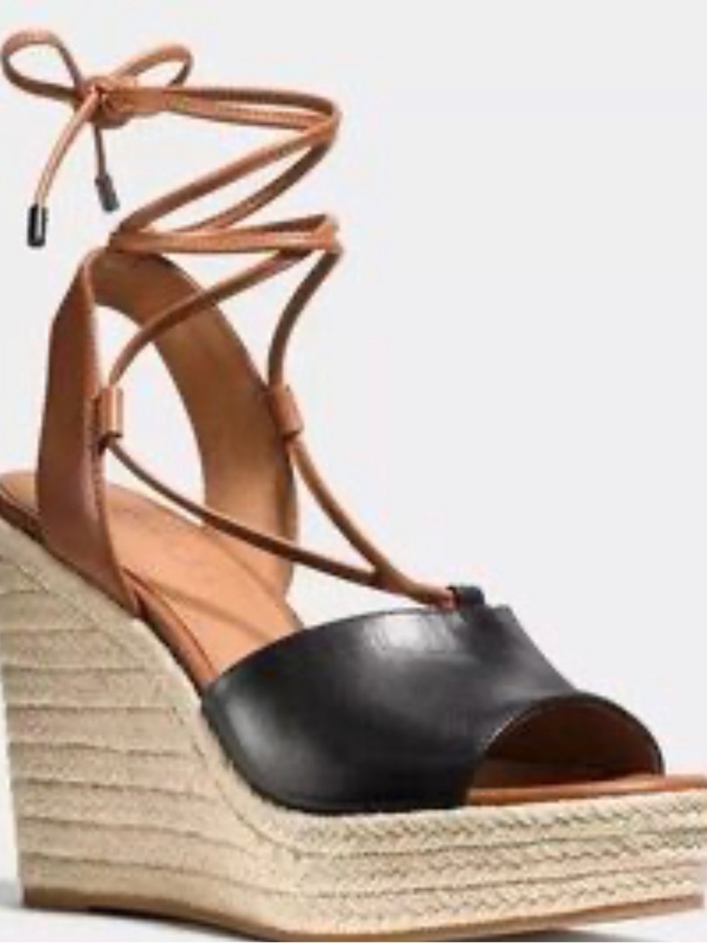 COACH Dana Black & Tan Espadrille Wedge Sandal with Ankle Tie